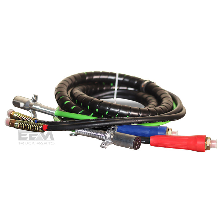 3-In-1 Standard ABS Trailer Cord & Hoses With Spiral Wrap - 15 Ft