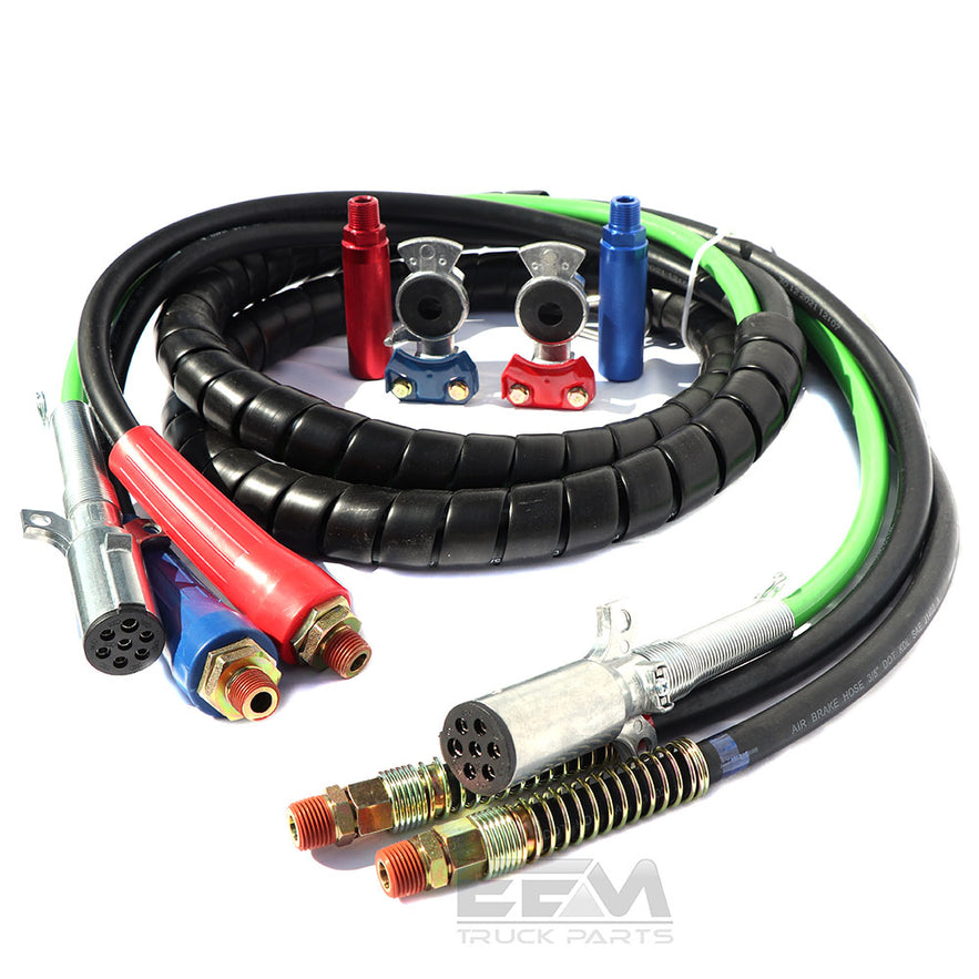 3-In-1 Standard ABS Trailer Cord & Hoses With Spiral Wrap - 12 Ft with  Glad Hands